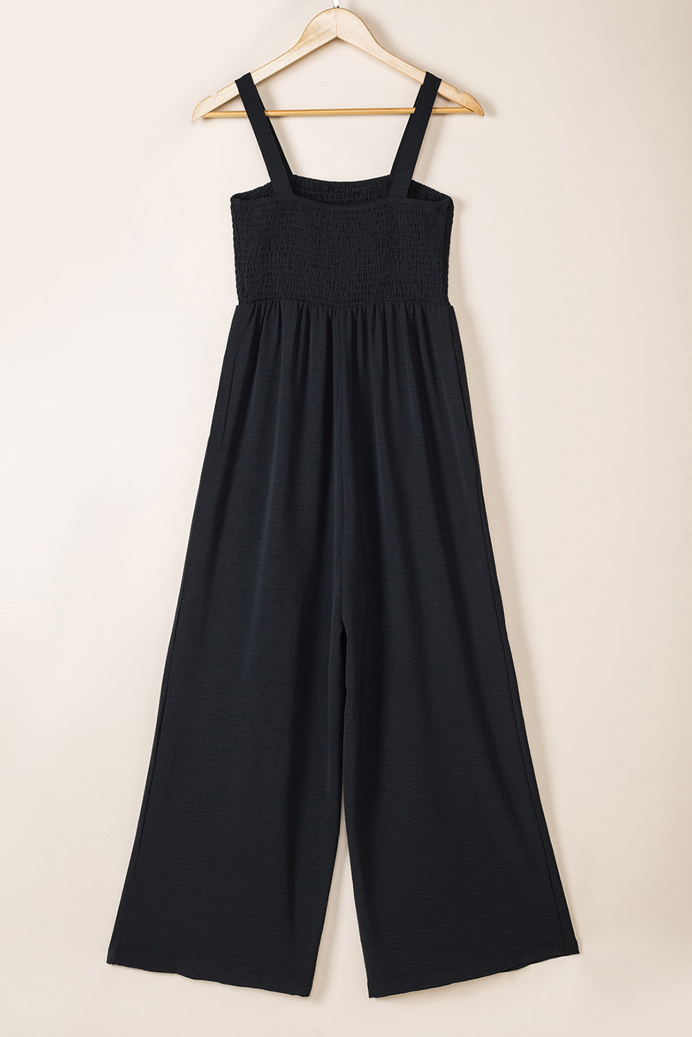 Black Smocked Sleeveless Wide Leg Jumpsuit with Pockets