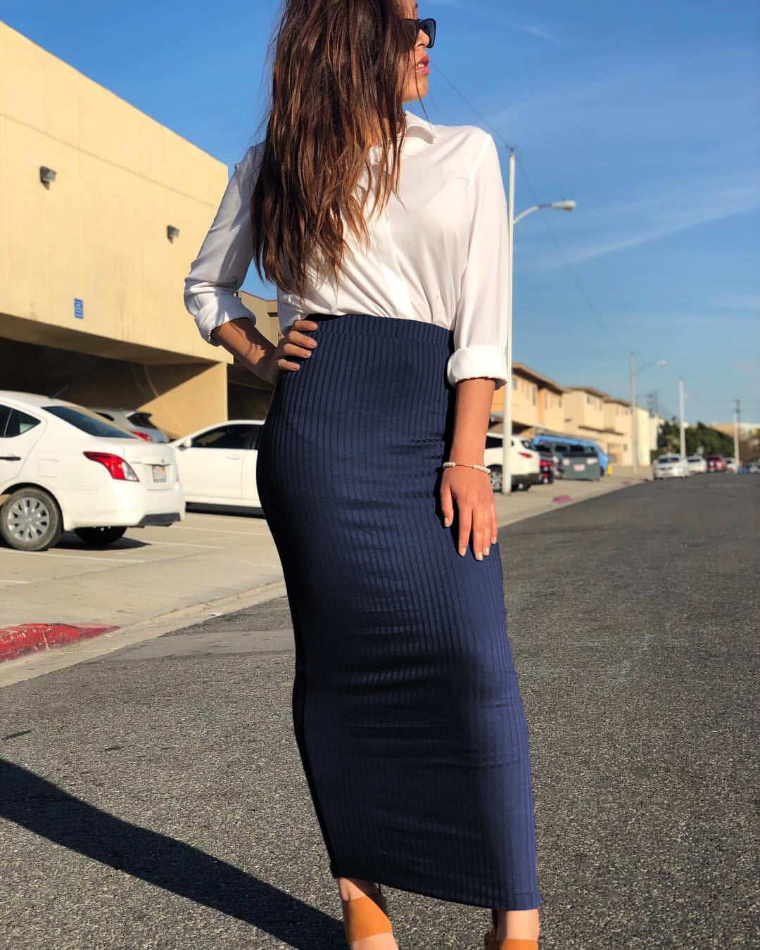 Autumn Winter Knitted Skirt Striped Skinny Sheath Ankle Skirt