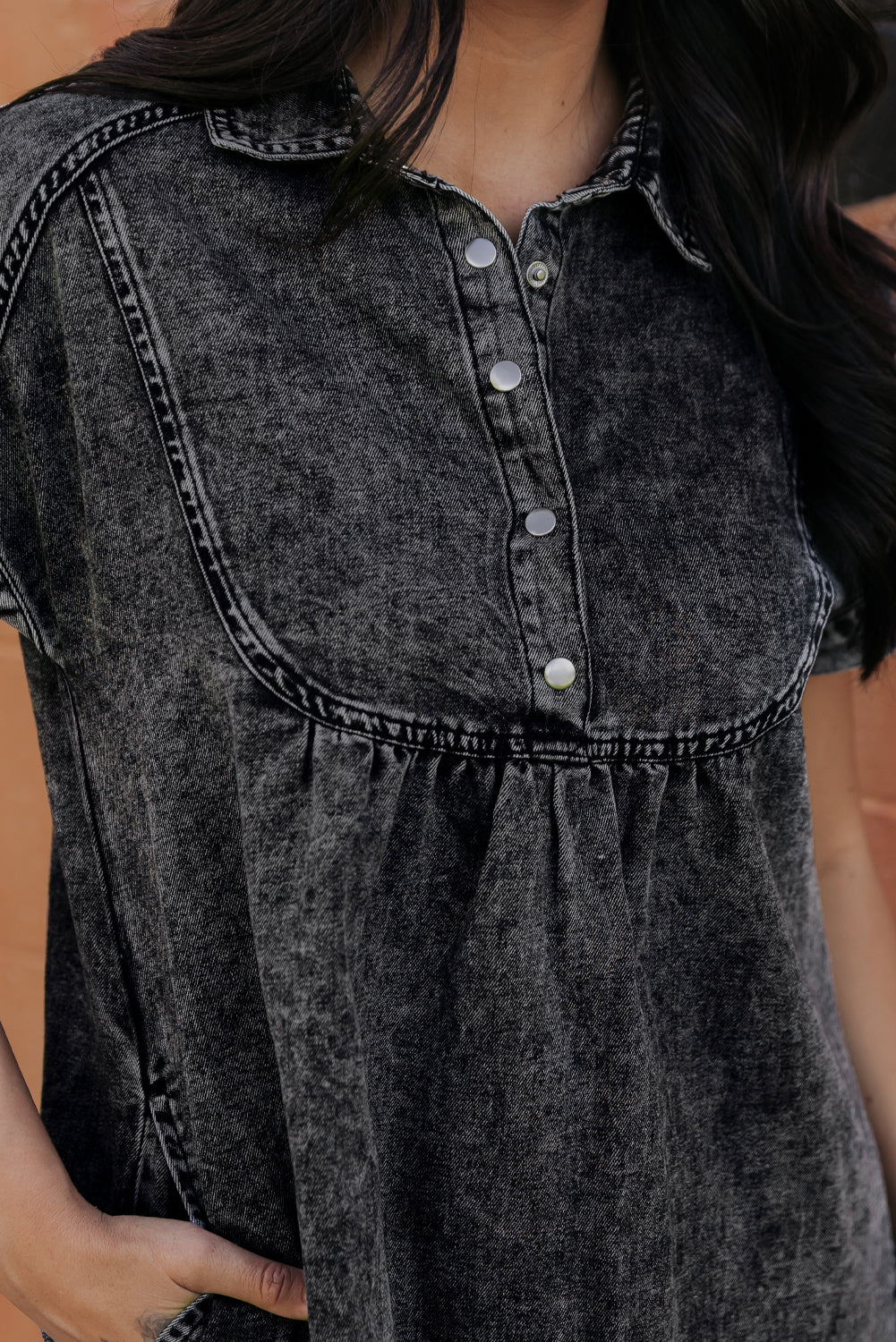 Black Acid Wash Button Front Collared Short Sleeve Denim Dress