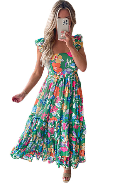 Robe longue à volants et à volants sans manches à imprimé floral vert