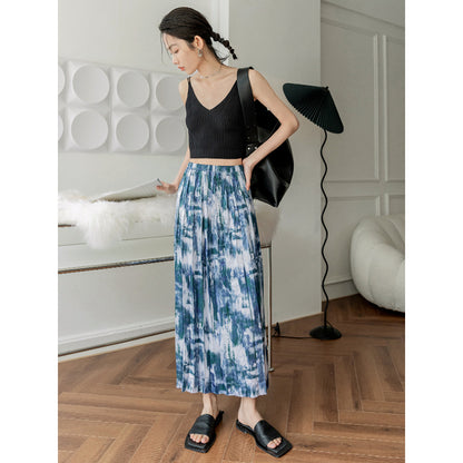 Acetate Print Pleated Skirt Hem Slit Skirt