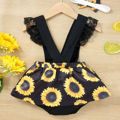 Vestido body de encaje empalmado con estampado de girasoles