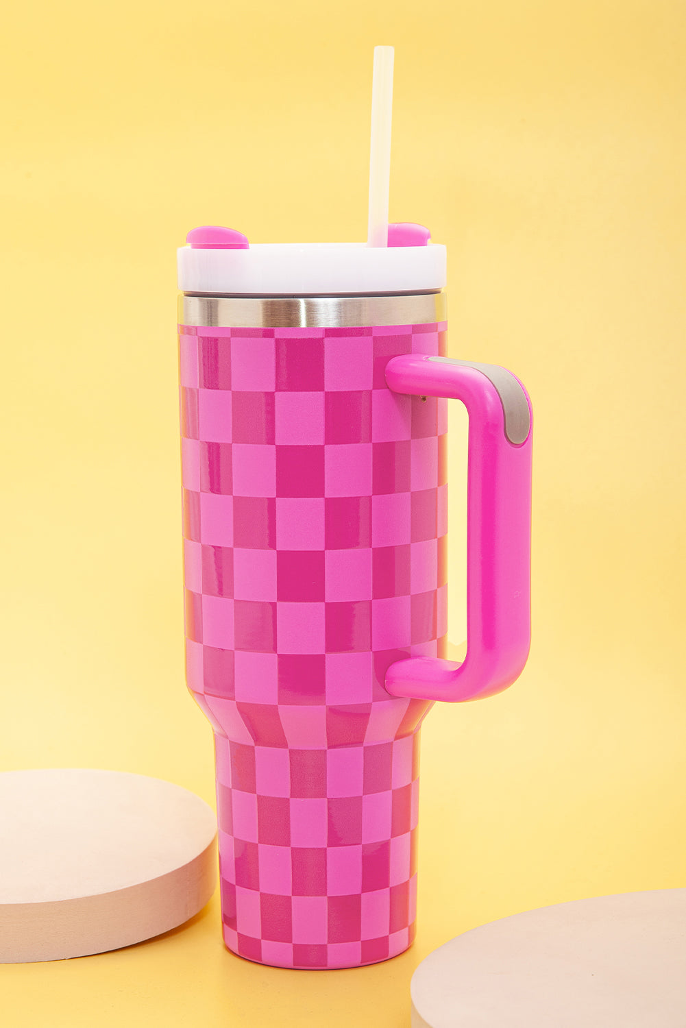 Vaso de acero inoxidable con asa y estampado de cuadros de color rosa brillante, 40 oz