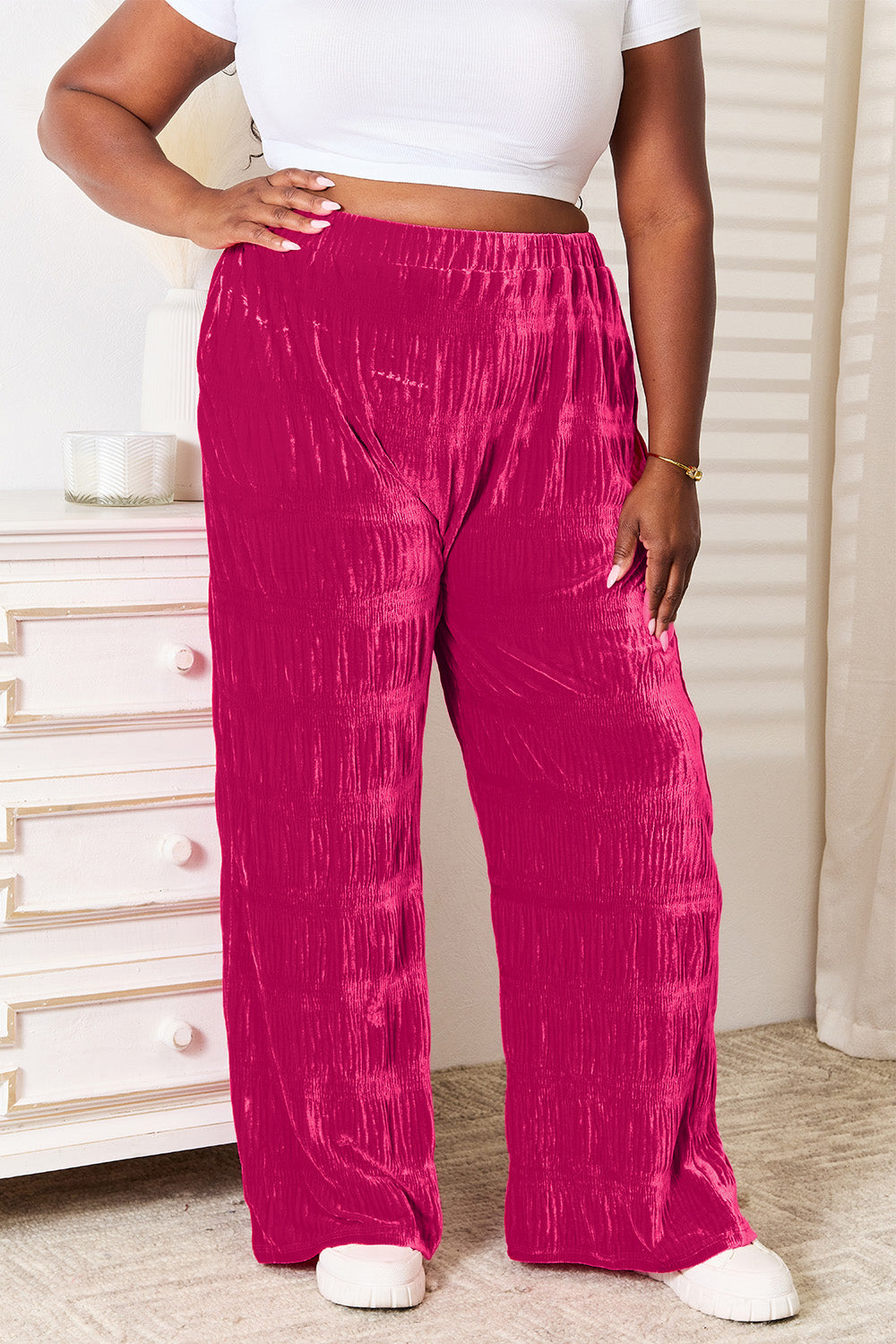 Double Take Pantalon large taille haute en velours froncé à plusieurs niveaux