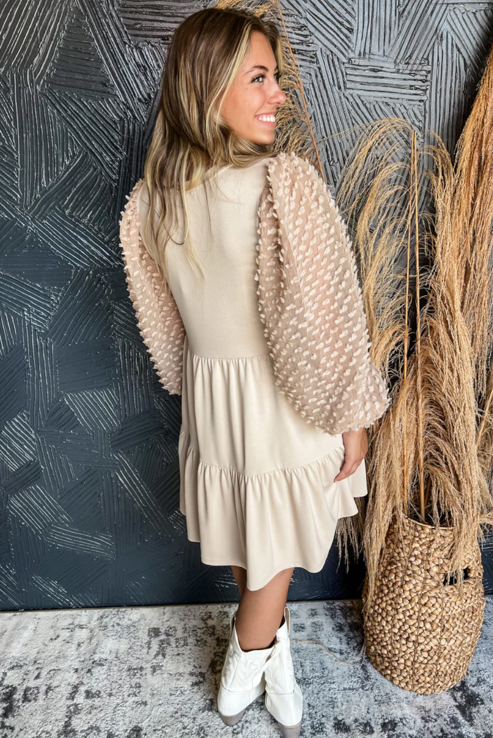 Beige Embellished Puff Sleeve Tiered A-line Dress