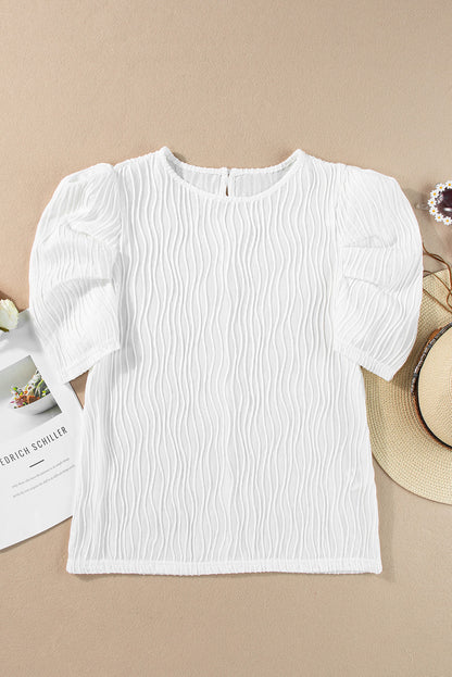 White Textured Short Puff Sleeve Tee