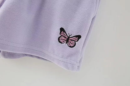 Pantalones cortos con cordón y bordado de mariposas de terciopelo para mujer