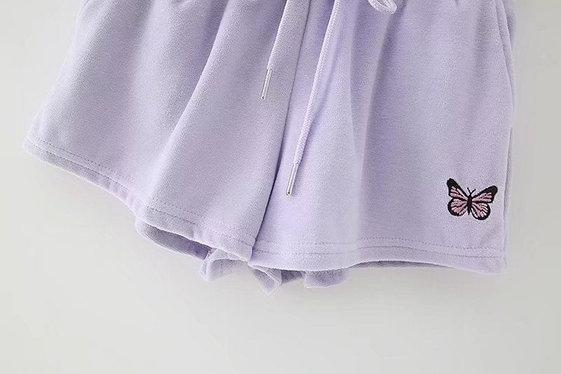 Pantalones cortos con cordón y bordado de mariposas de terciopelo para mujer