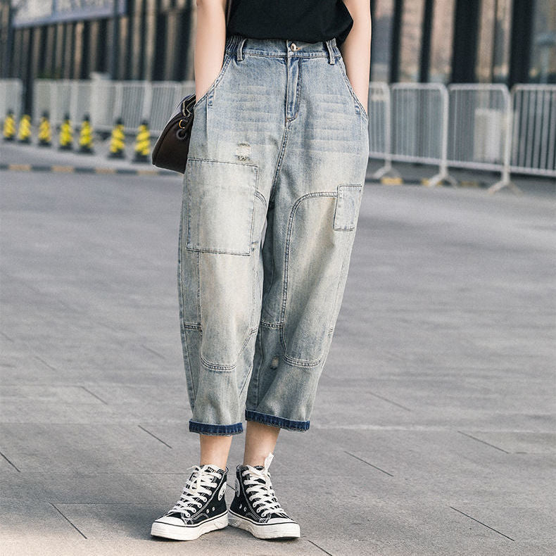 BF Style Loose-fitting Fashion Hole Stitching Denim Pencil Pants