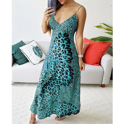 Vestido con estampado de leopardo y estampado de mariposas con tirantes para mujer Vestido sin mangas con cuello en V