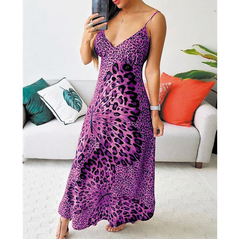 Vestido con estampado de leopardo y estampado de mariposas con tirantes para mujer Vestido sin mangas con cuello en V