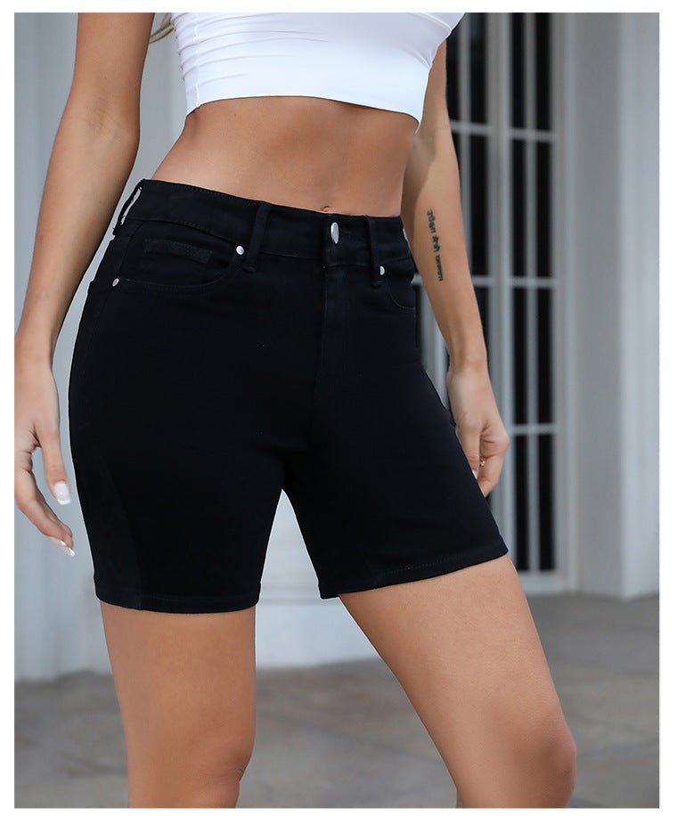 Taille haute Pur Noir Crayon Short En Jean Femmes Élastique Coupe Slim Minceur Décontracté Femmes Short En Jean