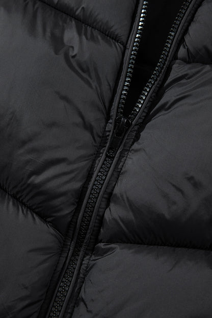 Black Sleek Quilted Puffer Hooded Vest Coat