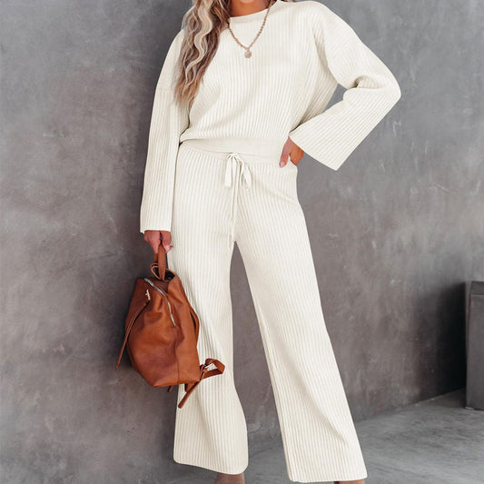 Fall Winter Fashion Round Neck Top Drawstring Loose Casual Trousers Two-piece Set