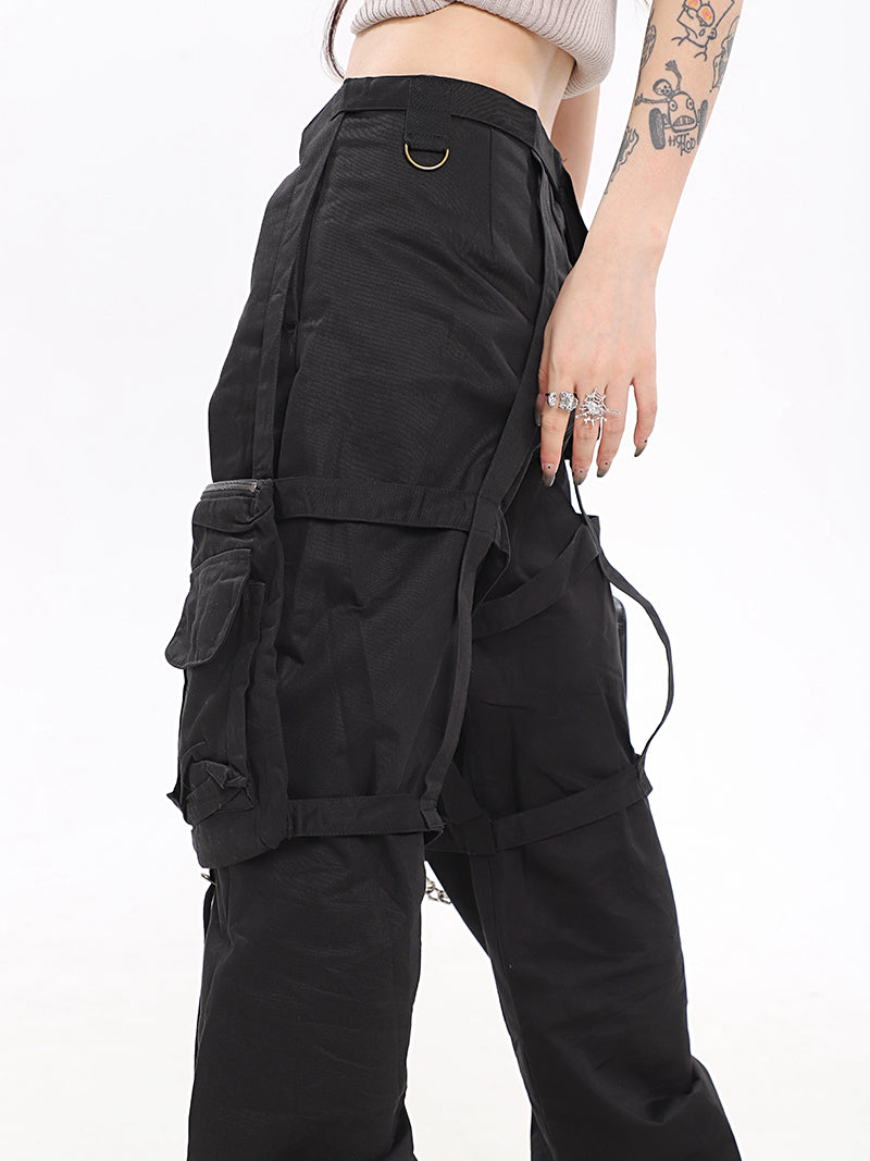 Women's Multi-pocket Tooling Ribbon High Waist Casual Wide Leg Pants