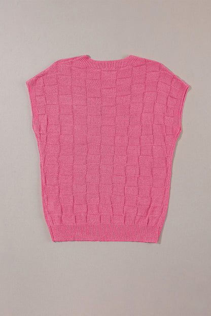 Pull à manches courtes en tricot texturé en treillis rose poussiéreux