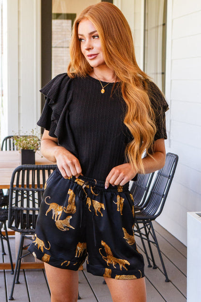 Black Braided Textured Ruffled Sleeve Top