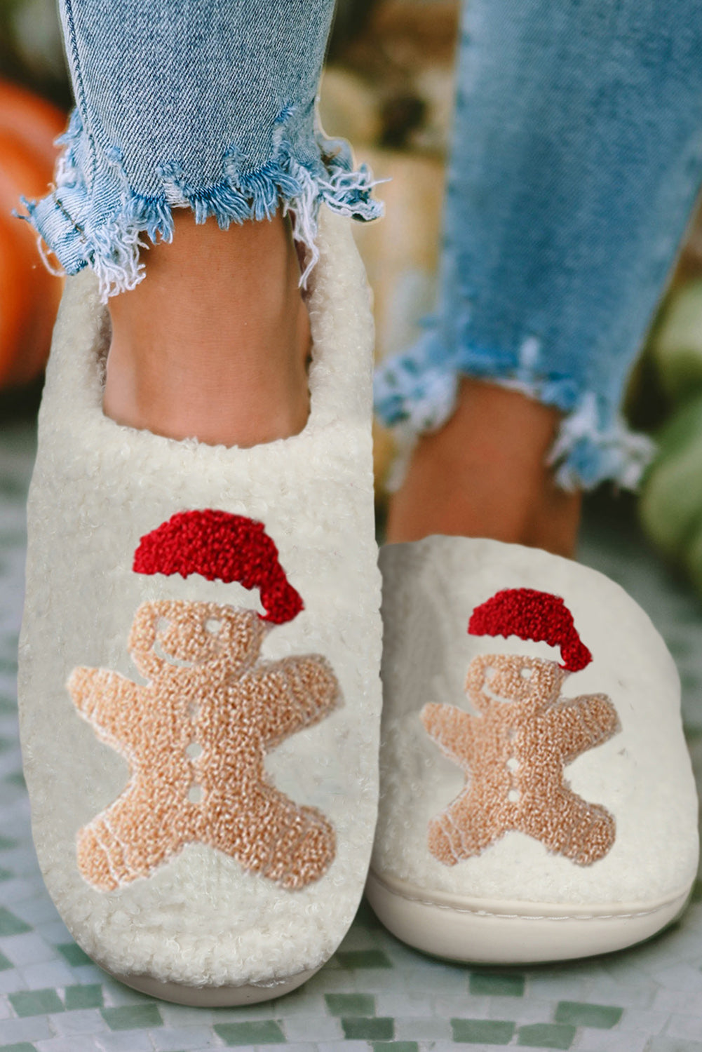 Zapatillas de casa de felpa de hombre de jengibre de Navidad blanca