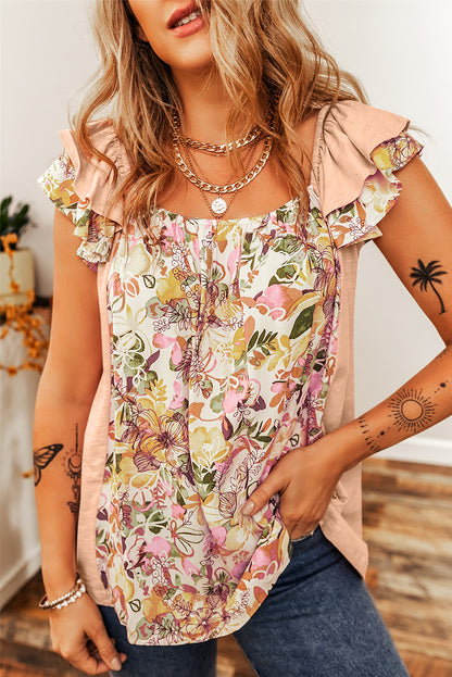 Blusa floral con cuello cuadrado y manga con volantes gris