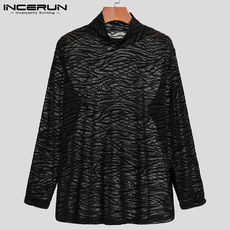 2023 Men Mesh T Shirt Turtleneck Long Sleeve See Through Print Casual Sexy Tee Tops Party Nightclub Streetwear Camisetas INCERUN