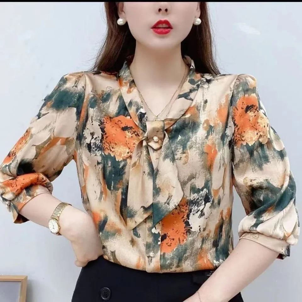 Blusas de gasa estilo Primavera Verano para mujer, camisas informales para mujer, blusas estampadas con cuello de pajarita de media manga, Tops DF4198