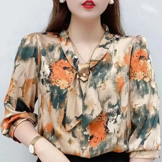 Blusas de gasa estilo Primavera Verano para mujer, camisas informales para mujer, blusas estampadas con cuello de pajarita de media manga, Tops DF4198