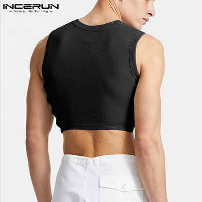 INCERUN-camisetas sin mangas de malla con cuello redondo para hombre, ropa de calle sin mangas, chalecos transparentes, Tops cortos sexys para fiesta y club nocturno 2023