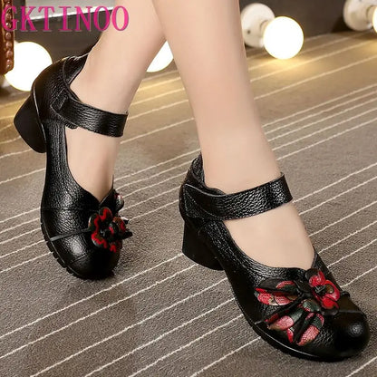 GKTINOO 2024 printemps été Style ethnique en cuir véritable chaussures faites à la main femmes mi talons pompes bout rond talons hauts