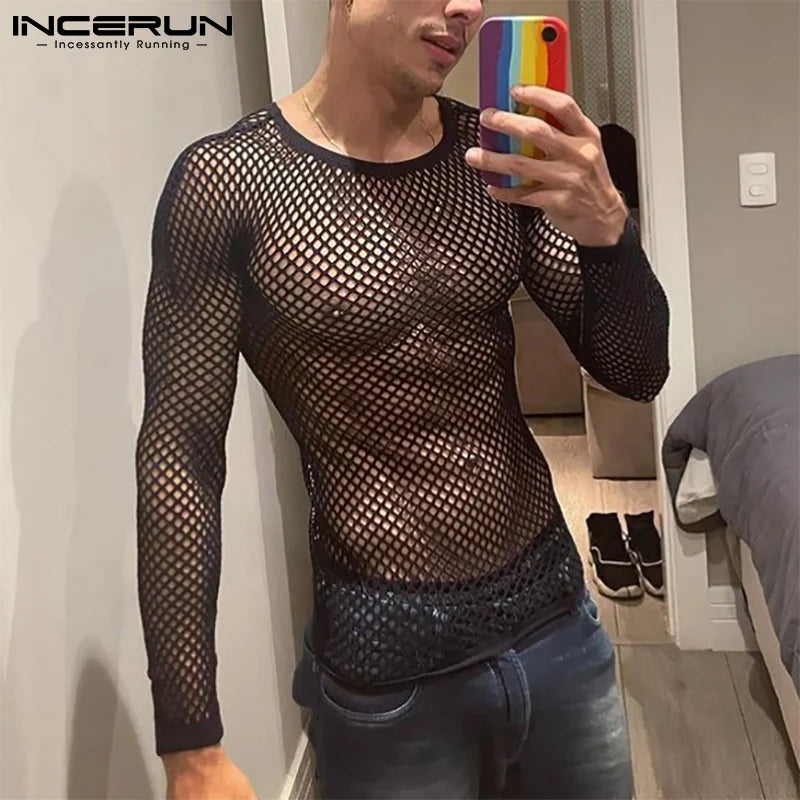 Camiseta a la moda para hombre, camiseta de malla con cuello redondo, ropa de calle transparente, camisetas de manga larga, ropa Sexy para fiesta y club nocturno, S-5XL INCERUN 2023