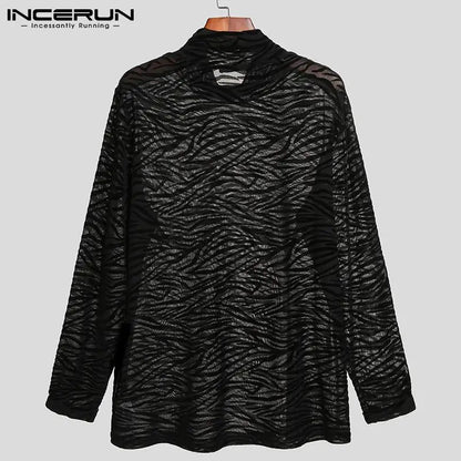 2023 Men Mesh T Shirt Turtleneck Long Sleeve See Through Print Casual Sexy Tee Tops Party Nightclub Streetwear Camisetas INCERUN