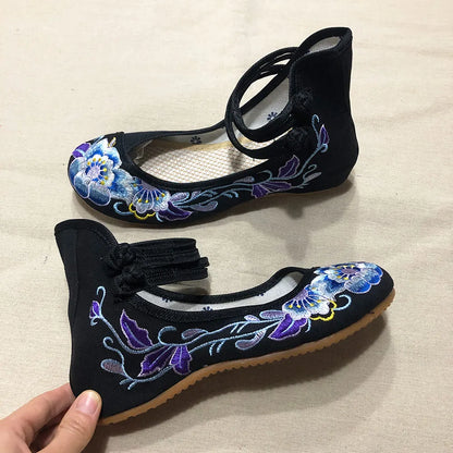 Veowalk, zapatos Vintage de algodón con bordado de flores para mujer, zapatos informales de estilo chino, cómodos Ballets de baile de lona suave, bailarina