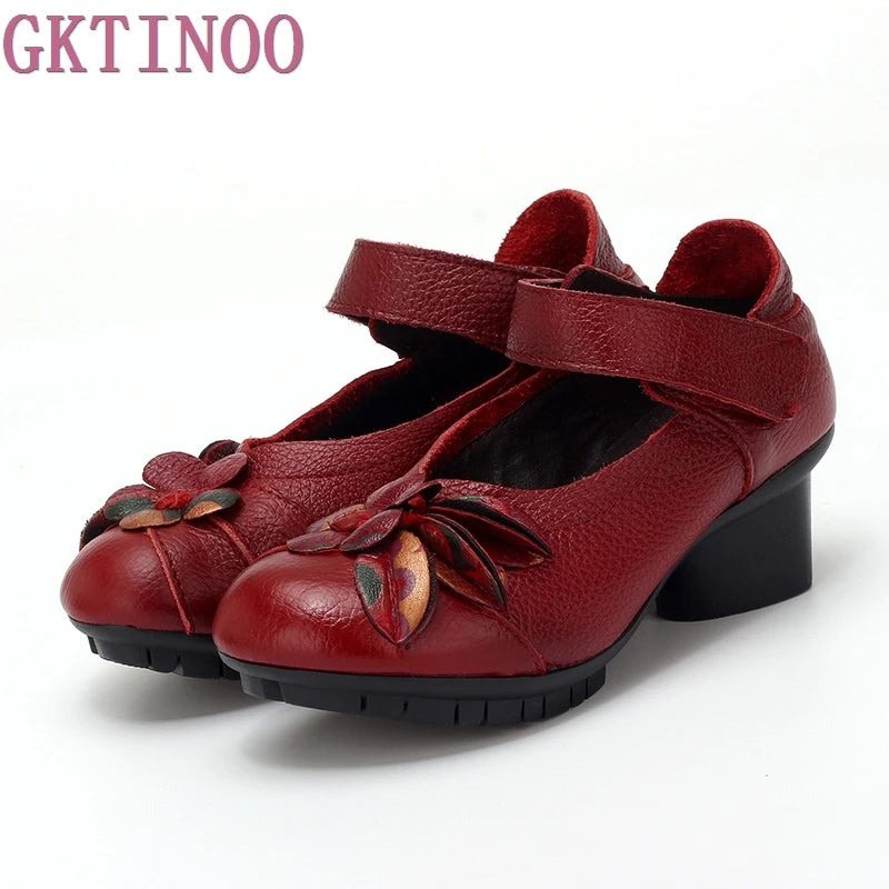 GKTINOO 2024 printemps été Style ethnique en cuir véritable chaussures faites à la main femmes mi talons pompes bout rond talons hauts