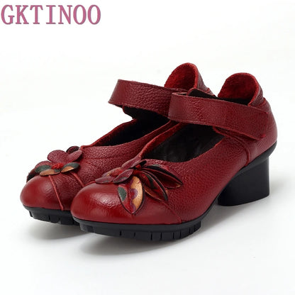 GKTINOO 2024 printemps été Style ethnique en cuir véritable chaussures faites à la main femmes mi talons pompes bout rond talons hauts