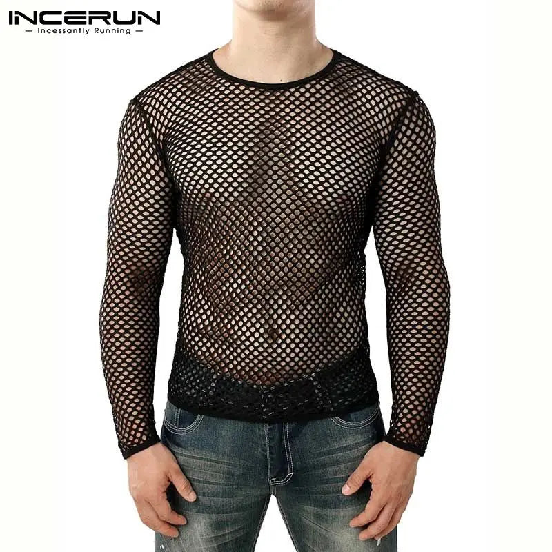 Camiseta a la moda para hombre, camiseta de malla con cuello redondo, ropa de calle transparente, camisetas de manga larga, ropa Sexy para fiesta y club nocturno, S-5XL INCERUN 2023