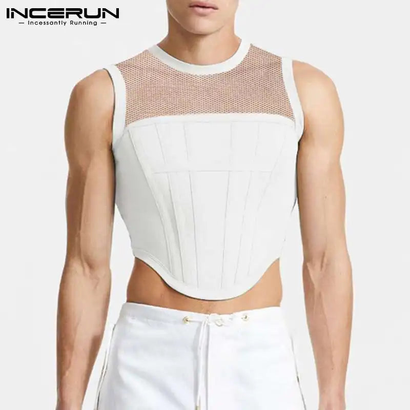 INCERUN-camisetas sin mangas de malla con cuello redondo para hombre, ropa de calle sin mangas, chalecos transparentes, Tops cortos sexys para fiesta y club nocturno 2023