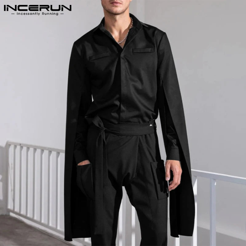 INCERUN 2023, camisa a la moda para hombre, solapa, manga larga acampanada, ropa con botones de personalidad, ropa de calle informal de Color sólido, Camisas 7