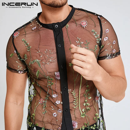 2023 camisas de malla de moda para hombres, camisetas de manga corta bordado, camisetas con transparencias sexis, camisas transpirables con botones para fiesta y discoteca, INCERUN 5XL