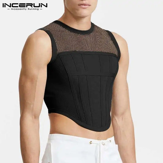 2023 Men Tank Tops Mesh Patchwork Round Neck Streetwear Sleeveless See Through Vests Sexy Party Nightclub Men Crop Tops INCERUN