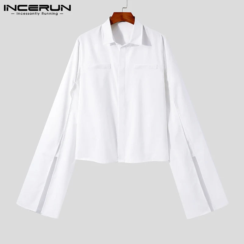 INCERUN 2023, camisa a la moda para hombre, solapa, manga larga acampanada, ropa con botones de personalidad, ropa de calle informal de Color sólido, Camisas 7