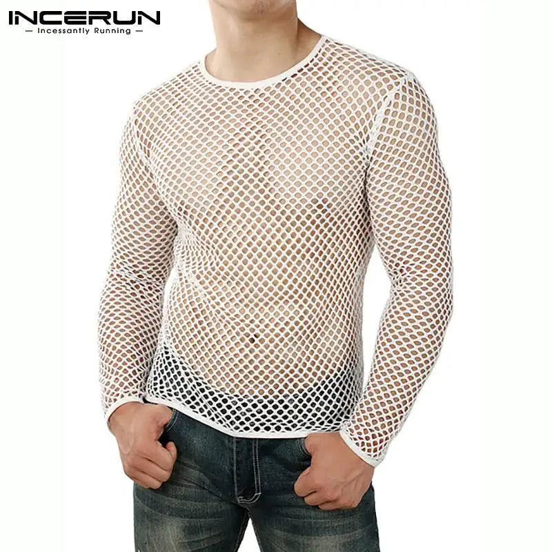 Camiseta a la moda para hombre, camiseta de malla con cuello redondo, ropa de calle transparente, camisetas de manga larga, ropa Sexy para fiesta y club nocturno, S-5XL INCERUN 2023