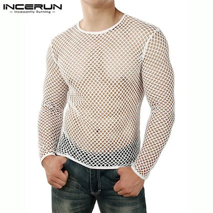 Camiseta a la moda para hombre, camiseta de malla con cuello redondo, ropa de calle transparente, camisetas de manga larga, ropa Sexy para fiesta y club nocturno, S-5XL INCERUN 2023