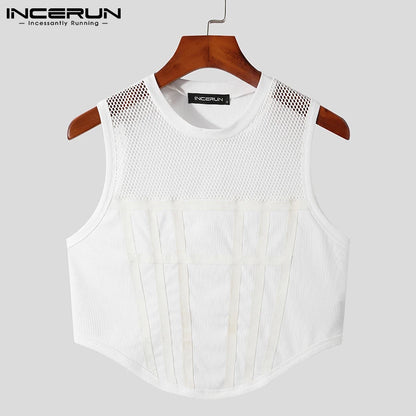 INCERUN-camisetas sin mangas de malla con cuello redondo para hombre, ropa de calle sin mangas, chalecos transparentes, Tops cortos sexys para fiesta y club nocturno 2023