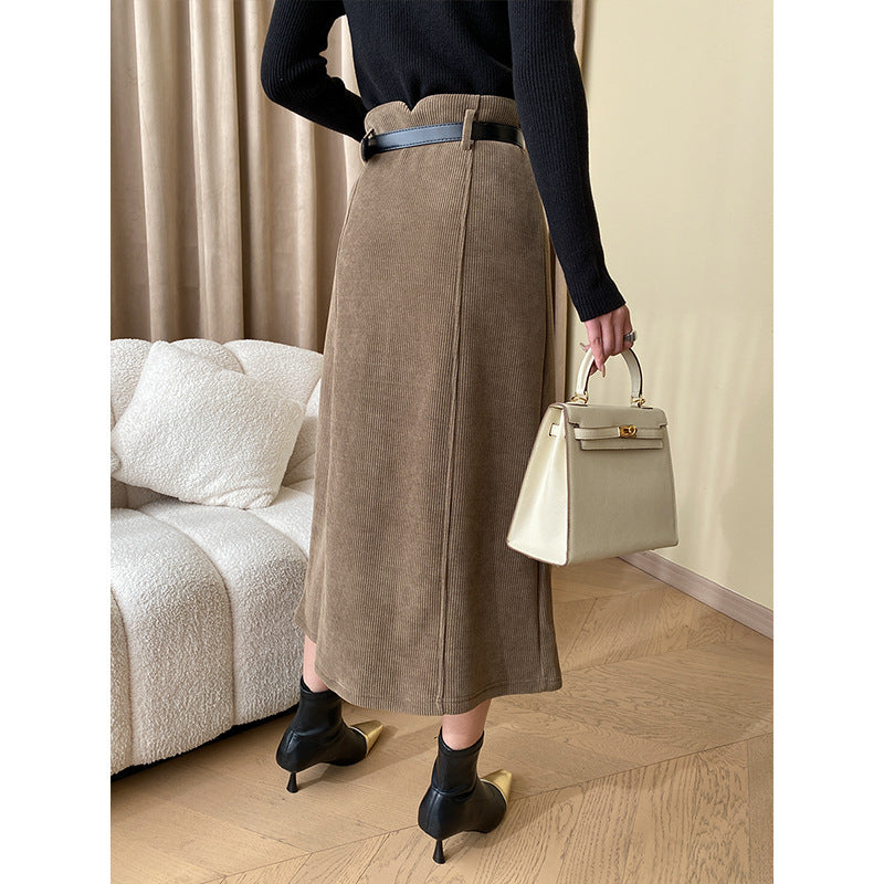 Belt Bud Shaped Waist Corduroy Straight A line Fleece lined Skirt