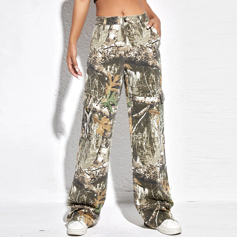 Pantalon de Camouflage imprimé brodé, taille haute, couture, fermeture éclair, Baggy décontracté, pantalon droit pour femmes, printemps