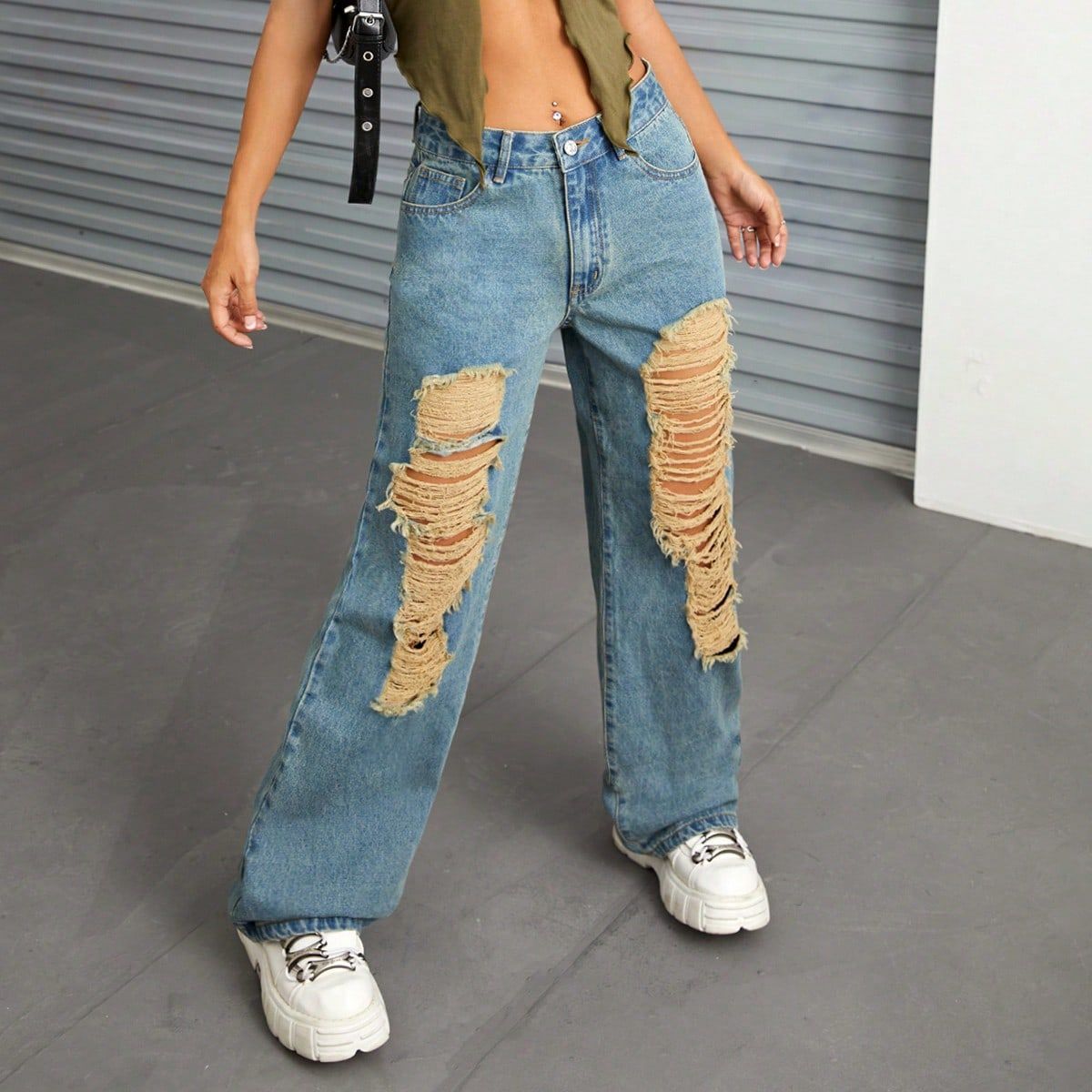 Women Clothing Casual All Match Ripped Wide Legged Denim Trousers