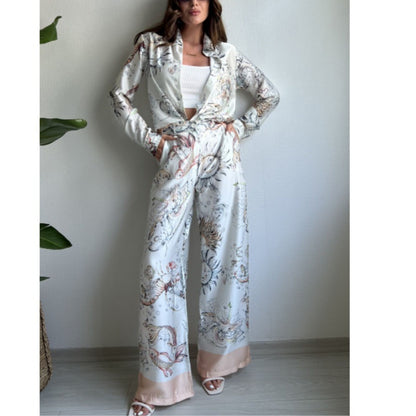 Traje de mujer Primavera Verano Posicionamiento Impreso Top de manga larga Pantalones de pierna ancha Conjunto de dos piezas