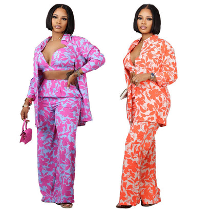 Women's Printed Trousers Three-piece Set Suit