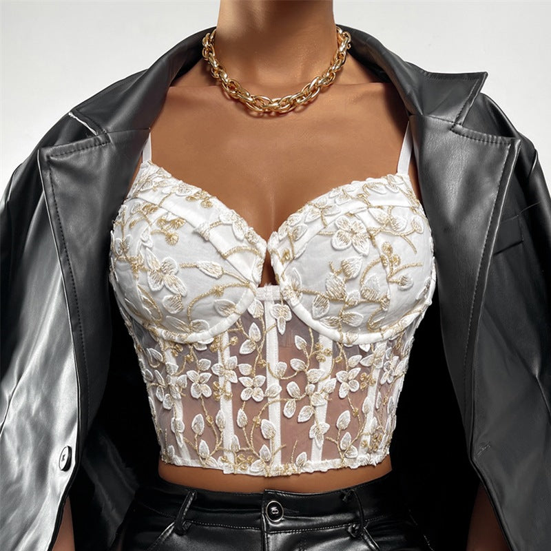 Broderie Florale Taille Sexy Maille Voir à travers Petit Gilet Femme Désossage Corset Désossage Corset Corset