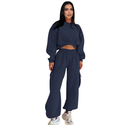 Women Clothing Autumn round Neck High Waist Sweater Pocket Loose Sweatpants Sets