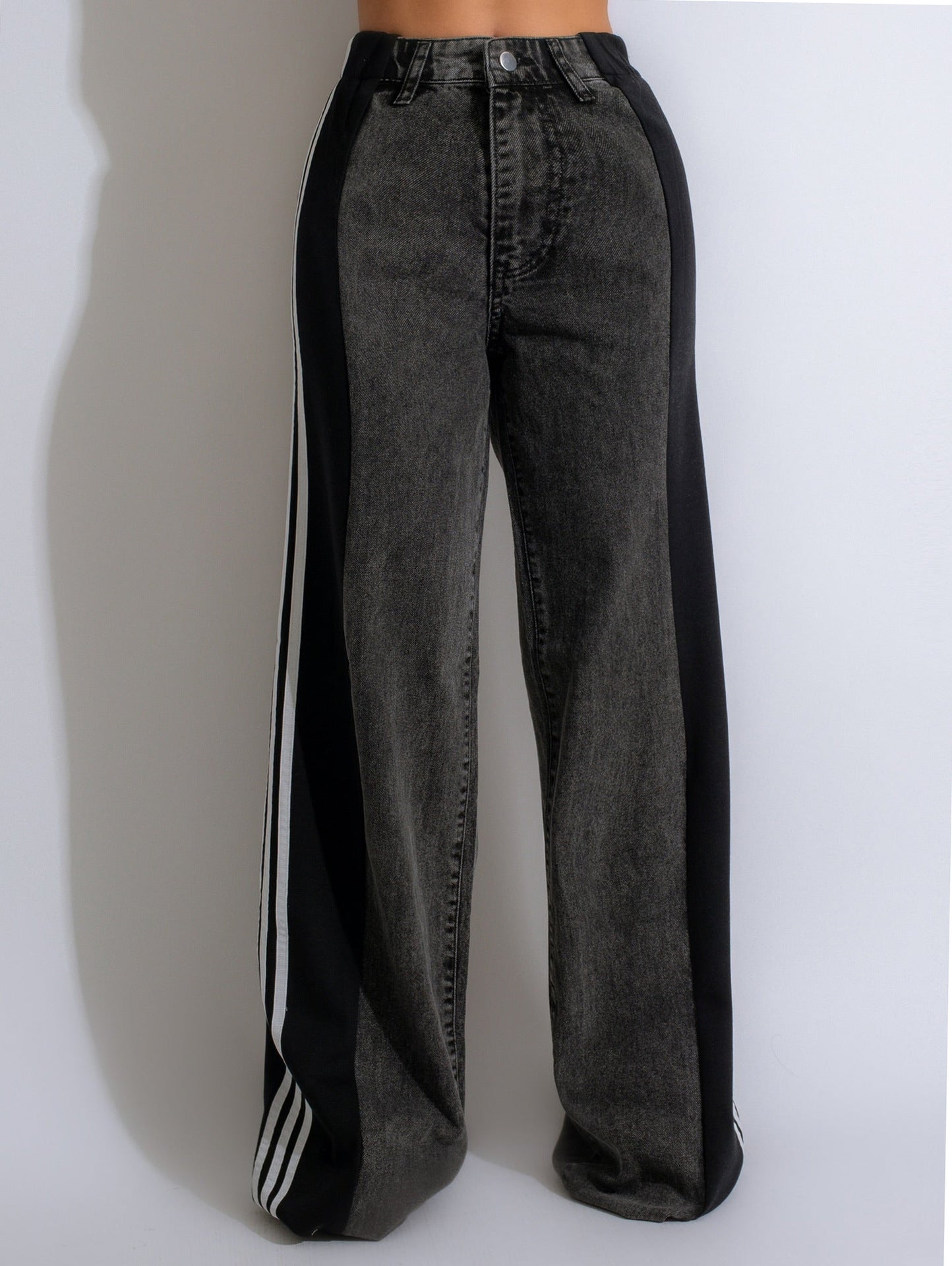 Pantalon en Denim à trois rayures pour femmes, couture d'été, jambes larges, décontracté, taille haute, extensible, jambes droites